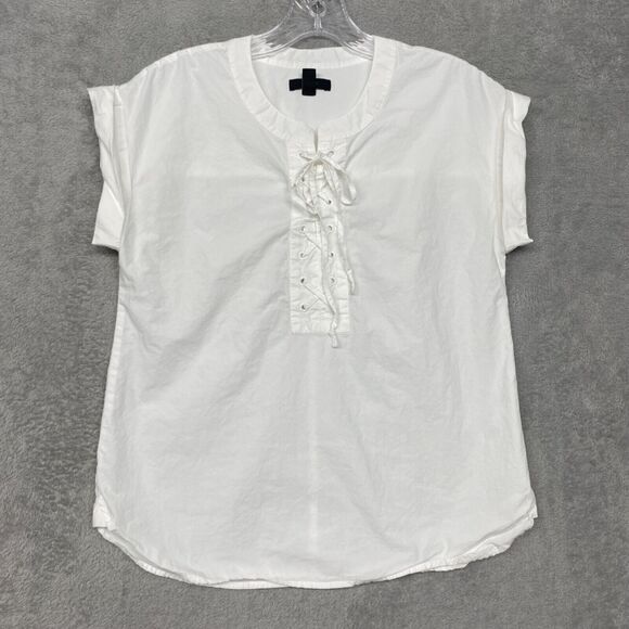 J. Crew Tops - J Crew Shirt Womens 0 White Cotton Cap Sleeve Lace Up Pullover Preppy